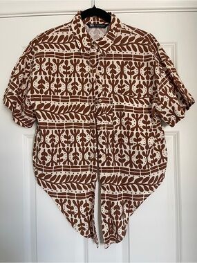 Zara Brown Patterned Linen Blend Tie Front Button Up Resort Shirt XL